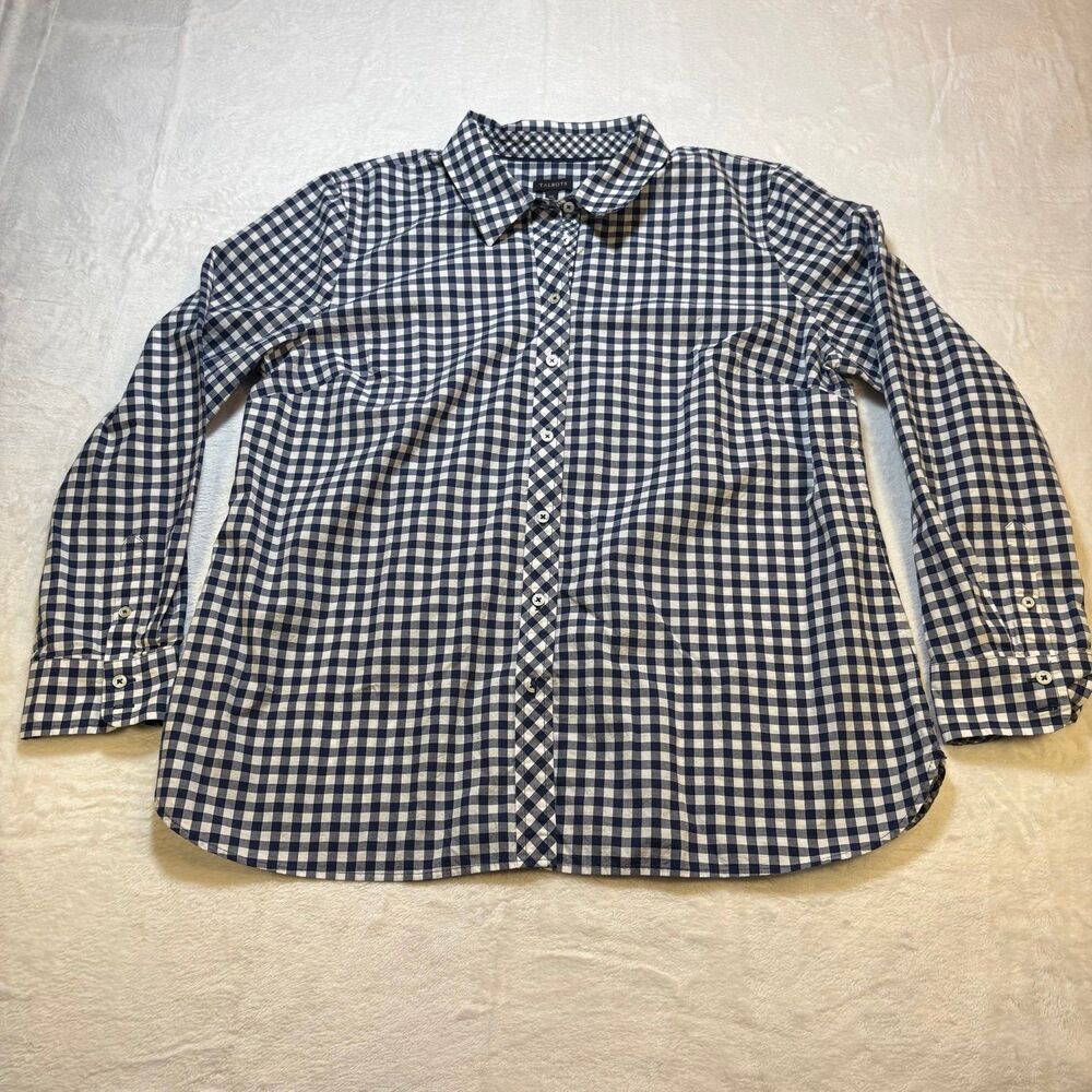 Talbots Gingham Button Up Shirt Blue White Cotton XL Classic Preppy